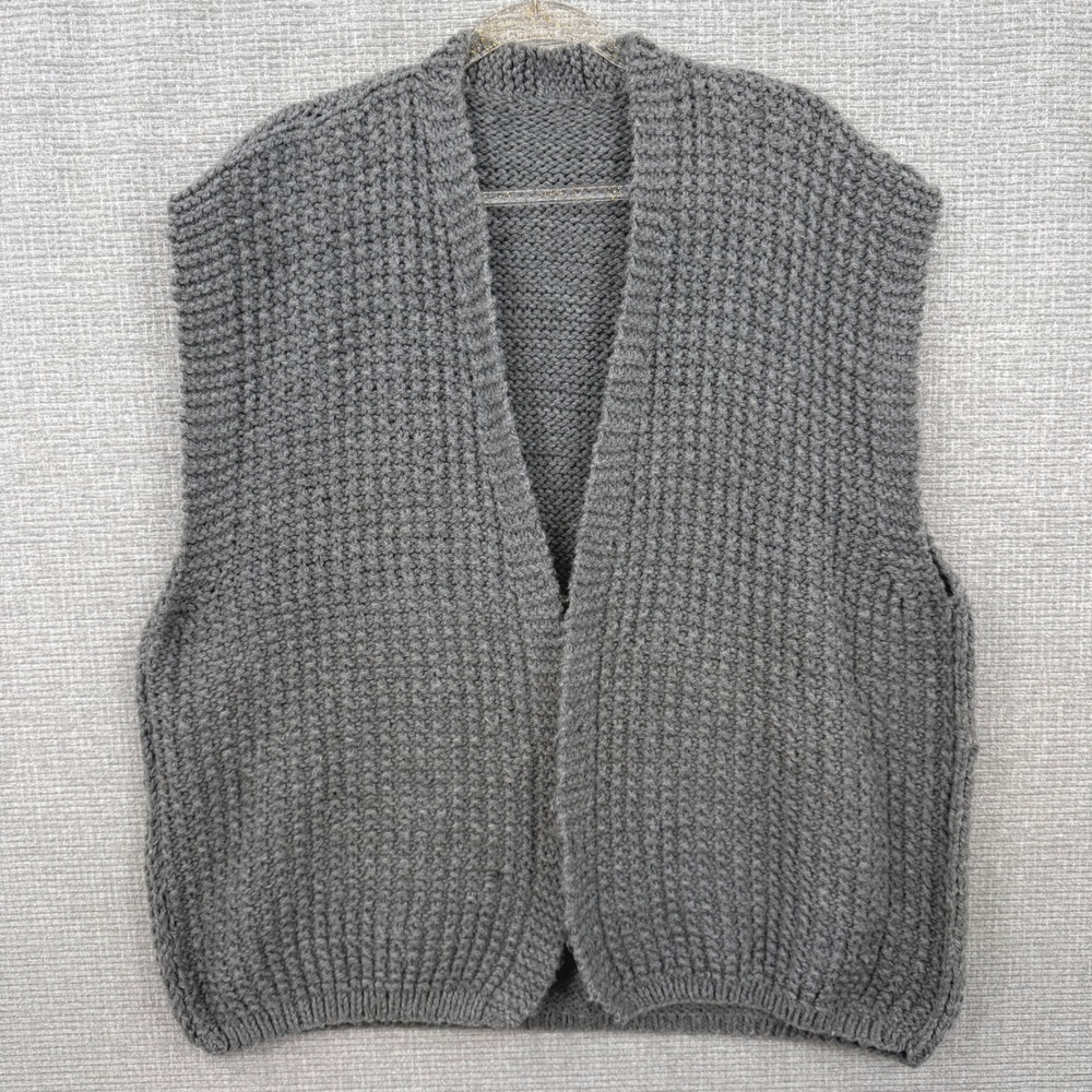 Chunky Knit‎ Cardigan Sweater Vest Gray Grandpa Handmade Open Front Chunky Knit